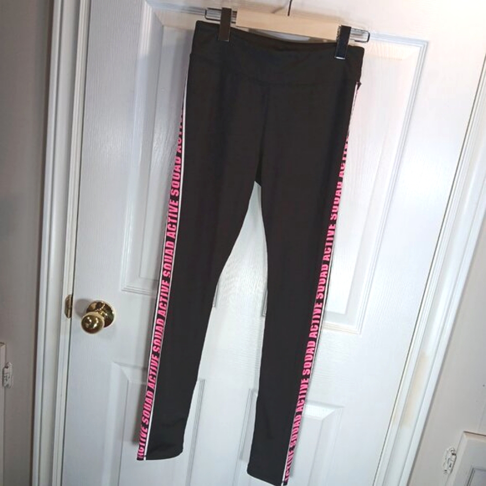 H&M Sport Girls Charcoal Grey Leggings Pink 'Active Squad' Leg Graphics Size 14 - Picture 11 of 13